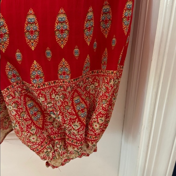 Women Rose & Olive Vibrant Red Patterned Boho V Neck Balloon Sleeve Top Size L - Picture 5 of 7